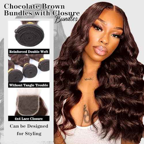 Brown Bundles with Closure Human Hair Loose Wave Human Hair Bundles with Closure (20 22 24+18£©12A Brazilian Virgin Hair Light Brown Loose Deep Wave 3 Bundles with 4x4 Closure 4# Color