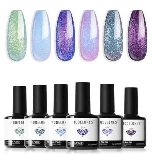 modelones Chameleon Gel Nail Polish Set- 6 Colors Christmas Winter Aurora Shimmer Glitter Gel Polish Kit Blue Green Purple Nail Gel Polish Soak Off LED Nail Lamp Nail Art Gel Kit DIY Salon Gift
