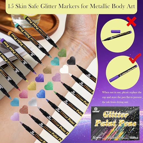 Metallic Glitter Temporary Tattoo Markers 15-Pack
