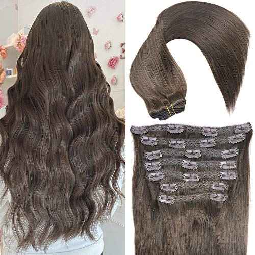 Real Human Remy Hair Lace Clip In Hair Extensions 18inch Finsih at 18.5inch 120g Color #2 Dark Brown Double Wefted Thick Ends Silky Soft Long Lifespan Tangle Free Human Hair Extensions