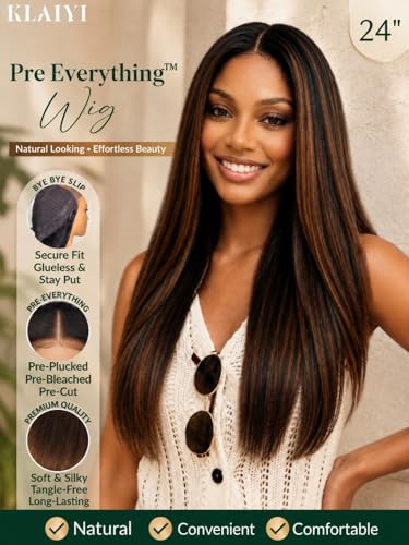 KLAIYI Ombre Golden Brown Yaki Straight Glueless Lace Front Wig 18"