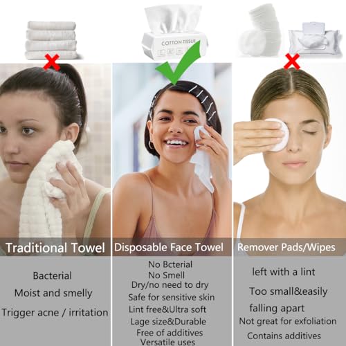 Disposable Face Towel, 100% Plant Cotton Fiber Biodegradable, Dry/Wet Use Facial Clean Washcloth Tissue Makeup Remover Cloth Pads Wipes for Sensitive Skin Cleaning,Travel (420 ct, 6 pack)
