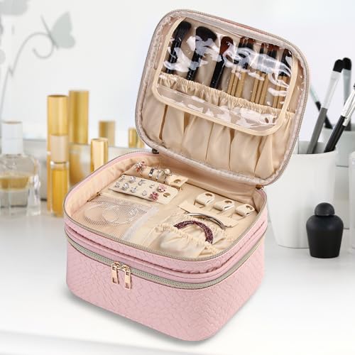 Large Makeup Bag for Women Double Layer Cosmetic Bag with Jewelry Organizer Compartment Waterproof Travel Toiletry Bag (B/Pink)