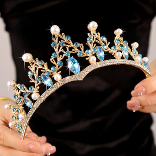 Baroque Pearl Crystal Bridal Tiara Crown in Gold (Variation: Gold-light blue) for Weddings & Prom