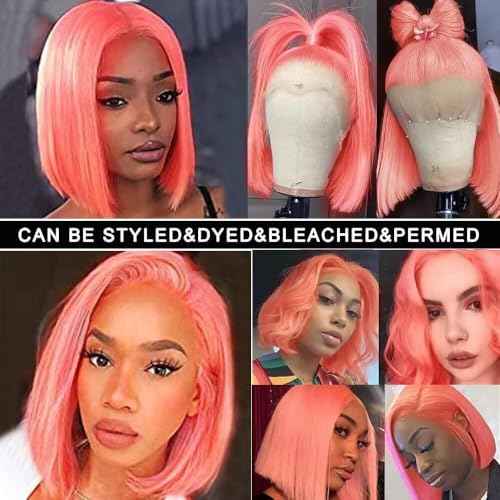 PANDA ANGEL 13x4 Pink Bob Wig Human Hair Pink Straight Bob Wigs Human Hair Wear and Go Glueless Wig Human Hair Bob Lace Front Wigs Pre Plucked With Natural Hairline Short Lace Frontal Wigs for Women