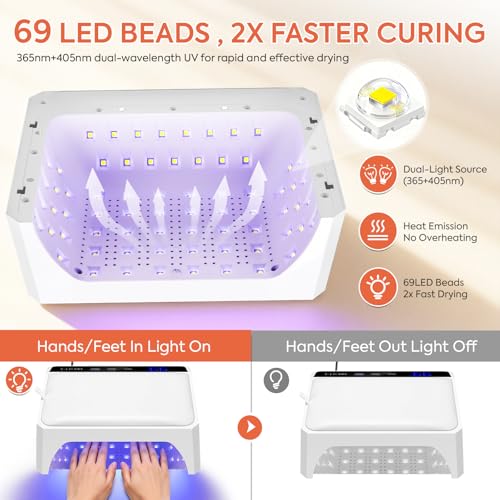UV LED Nail Lamp, 120W UV Light for Gel Nails with 69 Beads, Fast Curing Professional Nail Dryer for Gel Polish, Two-Hand Design, Detachable Arm Rest Base, Sensor, 3 Timers for Fingernails & Toenails