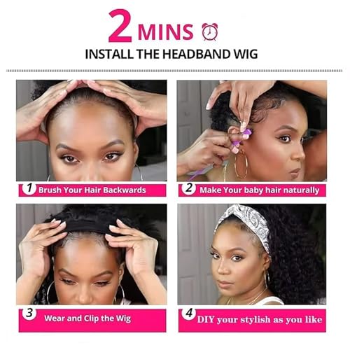 Punmasa Headband Wig Human Hair Deep Wave 12 Inches