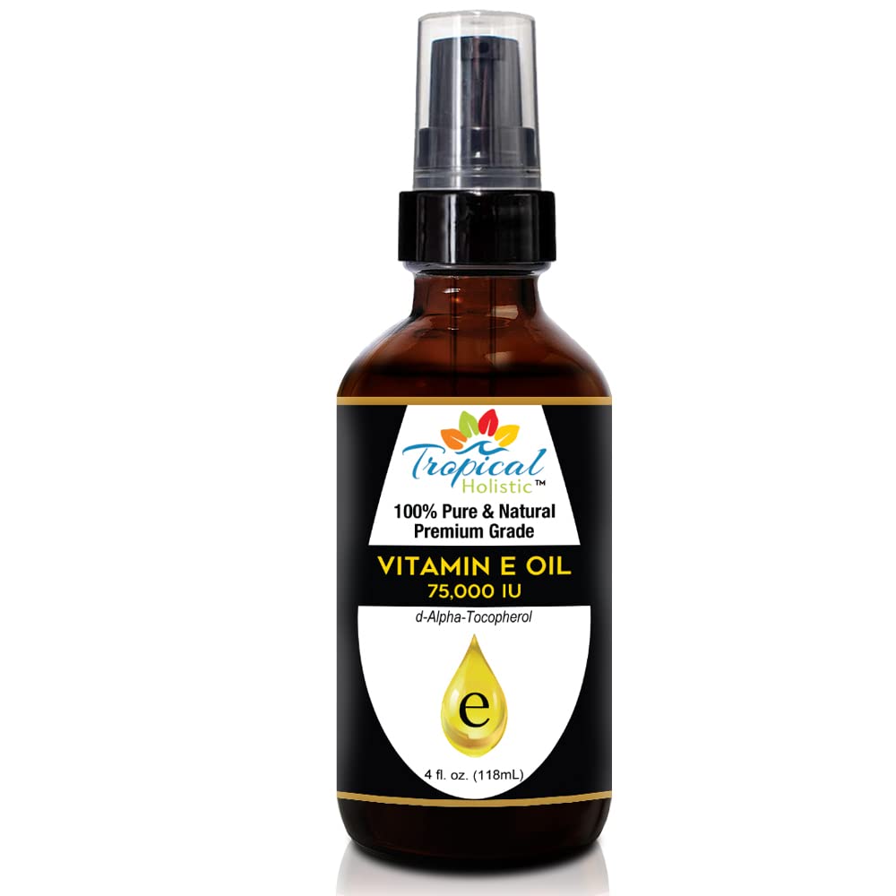 Tropical Holistic 100% Pure Vitamin E Oil (4oz / 118mL) - 75,000 IU Plant Based Natural D-Alpha Tocopherol for Hydrated Skin, Scars, Age Spot, Full Bathe Body Oil, Nails, Face & Hair