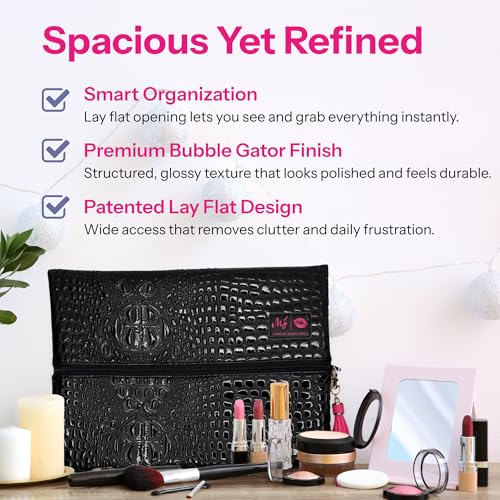 Makeup Junkie Large Makeup Bag - Bubble Gator Onyx - Patented Lay Flat Travel Toiletry Bag for Women - 9.5" x 13" Handmade USA Professional Cosmetic Case