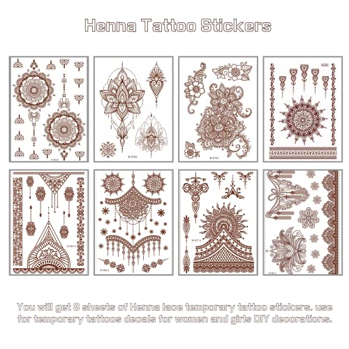 Brown Temporary Tattoo Stickers 8 Sheets Henna Stickers Exquisite Lace Mandala Waterproof Fake Tattoos stickers Parties Decoration Suppliers Flower Design for Women Arm Legs Body Art Party Decorations
