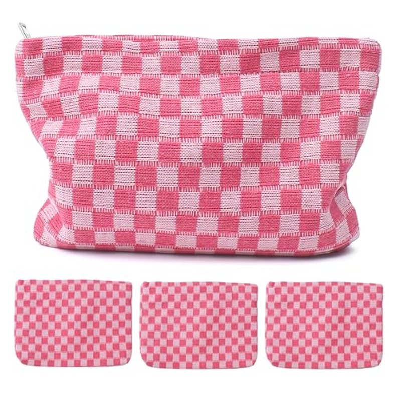 4Pcs Pink Checkered Makeup Bags Large Capacity Storage