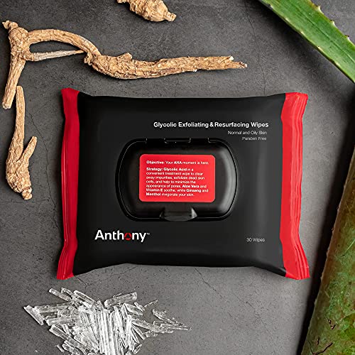 Anthony Glycolic Exfoliating & Resurfacing Wipes ? Men¡¯s Cleansing Face Cloths to Clean and Brighten Complexion ? Gentle Pore Refining for Normal, Oily or Sensitive Skin ? 30 Sheets per Bag
