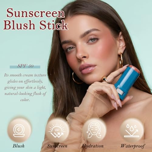 SPF 50 Sunscreen Blush Stick for Cheeks & Lips - Waterproof Cream Color Balm