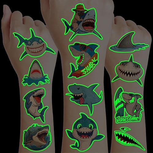 96 Pcs Glow In The Dark Shark Temporary Tattoos