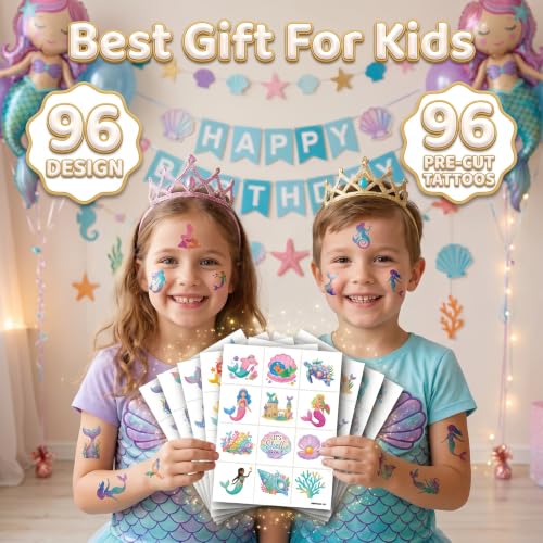 96 Mermaid Temporary Tattoos for Kids | Pre-Cut Party Favors
