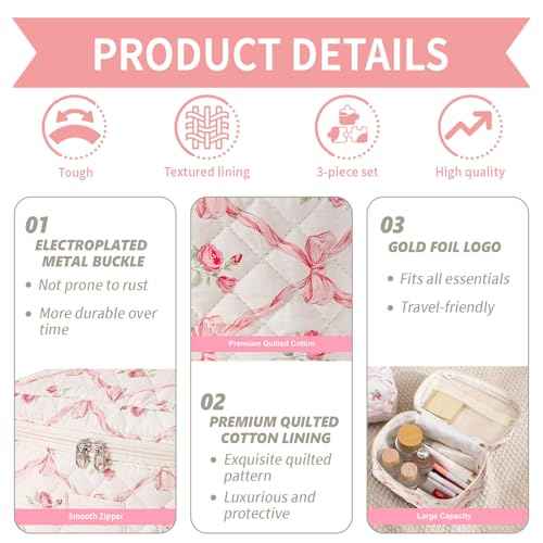 3PCS Cotton Quilted Floral Makeup Bag Set for Women Girls, Cute Make Up Bags with Brush Pockets, Large Wide-Open Toiletry Pouch Gifts for Toiletries Accessories Travelling Essentials