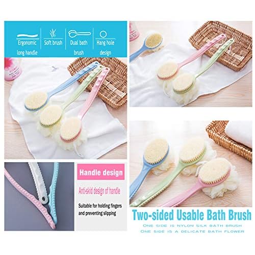 AARainbow 2 Packs Shower Body Brush with Bristles and Loofah, Back Scrubber Mesh Sponge with Curved Long Handle for Skin Exfoliating Bath, Massage Bristles Suitable for Men and Women (1Gray+1Pink)