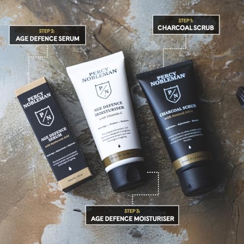 Percy Nobleman Age Defence Kit ? Men¡¯s Skincare Gift Set with Charcoal Face Scrub, Hydrating Facial Serum with Hyaluronic Acid & Vitamin C Moisturiser for Cleansing, Nourishment & Healthy Skin