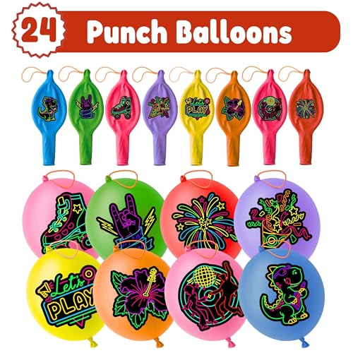 72 PCS Neon Party Favors ? 48 Pre-Cut Temporary Tattoos & 24 Neon Punch Balloons Themed Birthday Party Decorations Supplies Favors Gifts, Goodie Bag Fillers, Classroom Rewards