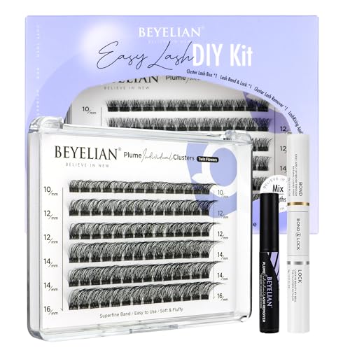 BEYELIAN Lash Extension Kit Cluster Lashes Kit with 84 Pcs Lash Clusters, Clusters Eyelash Applicator Tool, Cluster Lashes Bond and Seal Super Hold, Clusters Lash Glue Remover Easy to Apply at Home