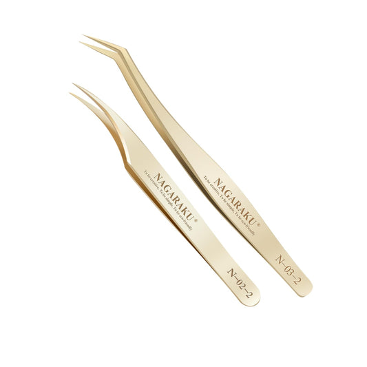 NAGARAKU Eyelash Extension Tweezers Gold Straight Curved Angled Long tip Volume Cluster Light Weight Easy Fanning Tweezer Stainless Steel Precision 1 Pair Lash Applicator Tool (N-02-2 & N-03-2)