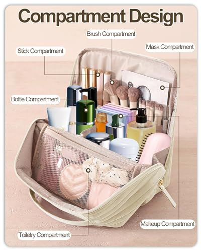 BEENLOVE Beige Standing Makeup Bag with Fold-Down Mirror & Customizable Compartments - Velvet Cosmetic Organizer for Travel & Makeup Storage
