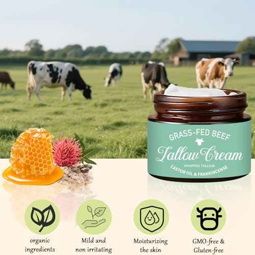 Organic Grass Fed Whipped Tallow Cream with Castor Oil & Frankincense Oil, All-Natural Moisturizer, Hydrating Beef Tallow Moisturizer Cream and Manuka Honey Balm for Skin (1)