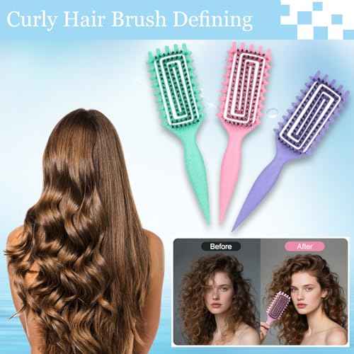 Curly Hair Brush,Curl Defining Brush plus 3 Pieces Hair Styling Comb Set(Slick Back Hair Brush,Rat Tail Comb,Edge Bristle Brush) Lightweight Vented for Combing, Shaping, Styling(Purple)