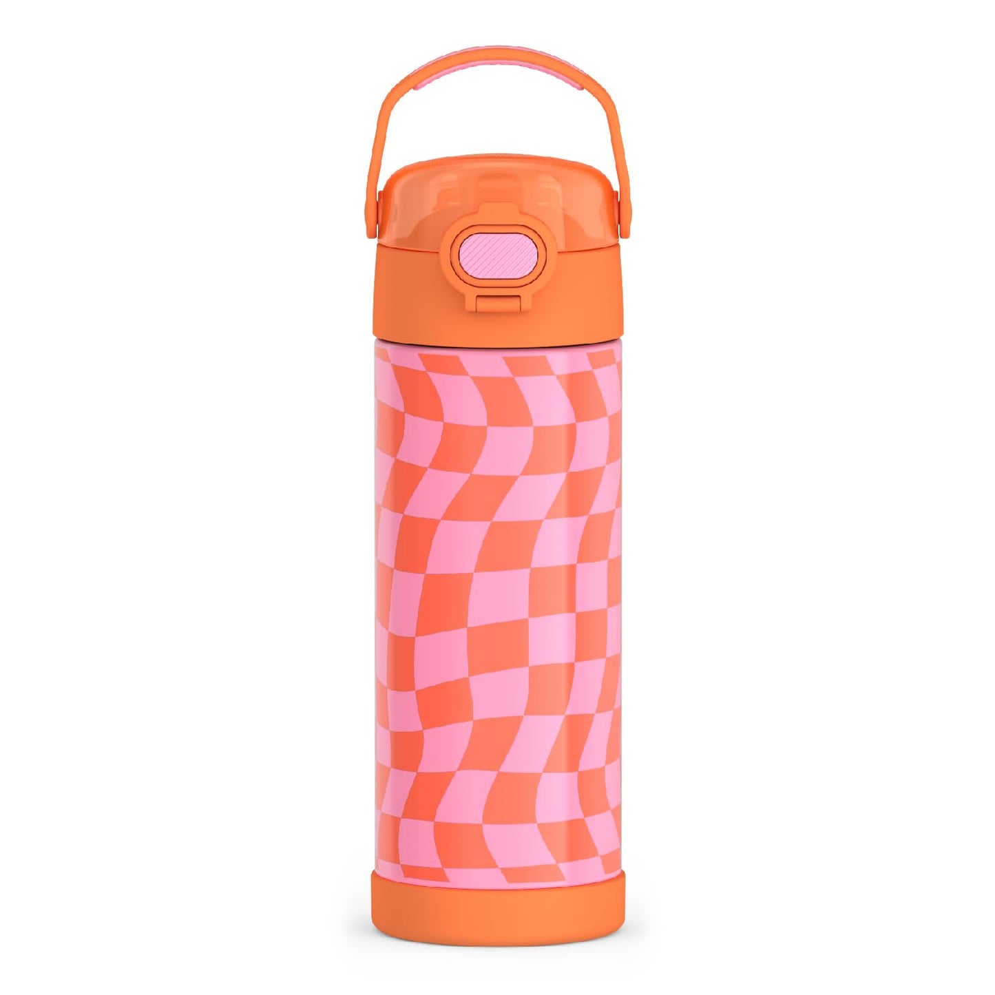 THERMOS FUNTAINER 16 Ounce Stainless Steel Vacuum Insulated Bottle with Wide Spout Lid, Wavy Checkers Orange