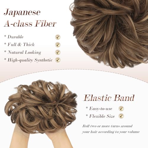 FESHFEN Messy Bun Hair Piece - Wavy Synthetic Chignon for Thick Hair, Brown Mixed Honey Blonde, 1.5 oz, Medium (22H10#)