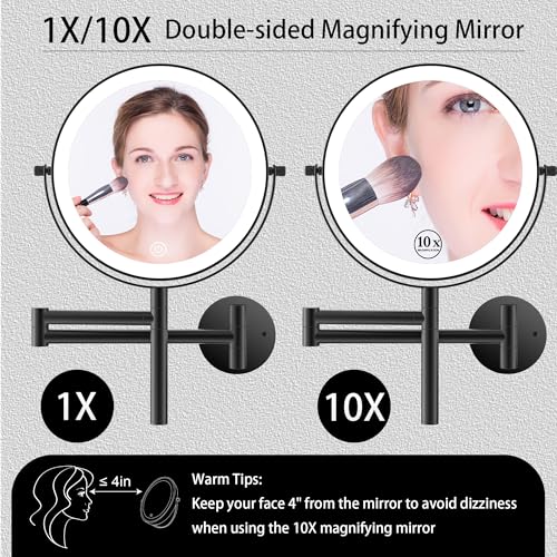 8" Wall Mounted Makeup Mirror with Handle, 3 Color Lights Dimmable and 1X/10X Magnification, Rechargeable Bathroom Wall Mount Magnifying Mirror with Extension Arm Height Adjustable Black
