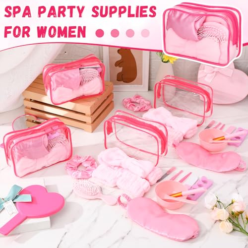 Geelin 132 Pcs/12 Set Spa Sleepover Party Favor Supplies Pink Cosmetic Bags with Heart Mirror Bow Headband Satin Hair Scrunchies Facial Mask Bowl Tool Kit Eye Mask Comb for Women Bridesmaid Gifts