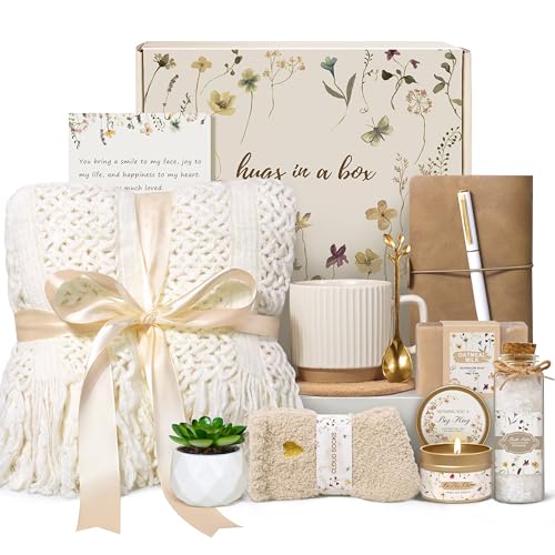 Birthday Gifts for Women, Get Well Soon Self Care Package Box, Sending Hug Baskets Thinking of You Inspirational Gift for New Mom Best Friend Birthday (Ivory)