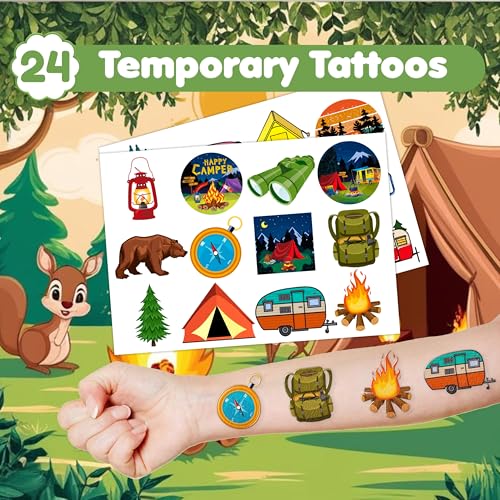 48 PCS Camping Party Favors 24PCS Tattoos Sticker 24PCS Slap Bracelets Wristbands Perfect for Camp Themed Birthday Baby Showers or Classroom Rewards Ideal Decor and Gifts for Girls and Boys