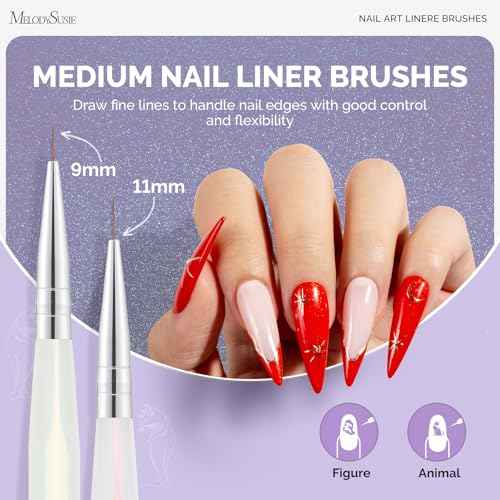MelodySusie 5Pcs Nail Art Liner Brushes Professional Gel Polish Painting Art Design Pen Set for Thin Long Lines, Tiny Details, Fine Drawing, Delicate Coloring Sizes 5/7/9/11/20mm