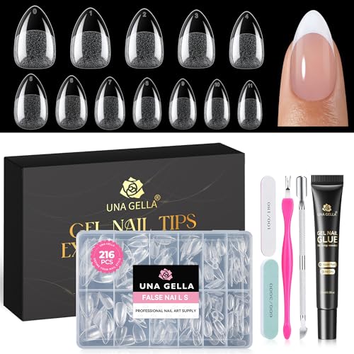 UNA GELLA Short Almond Gel Nail Tips Kit — 216 Pcs Pre-Etched Nails with Air-Dry Glue for Beginners