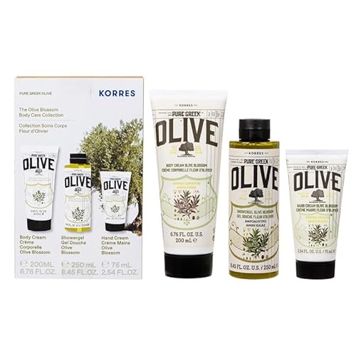 KORRES Olive Blossom Body Care Set, Hydrating Shower Gel (8.45 fl oz), Nourishing Body Cream (6.76 fl oz) & Hand Cream (2.54 fl oz), Greek Olive Oil Skincare Gift Set for Dry Skin
