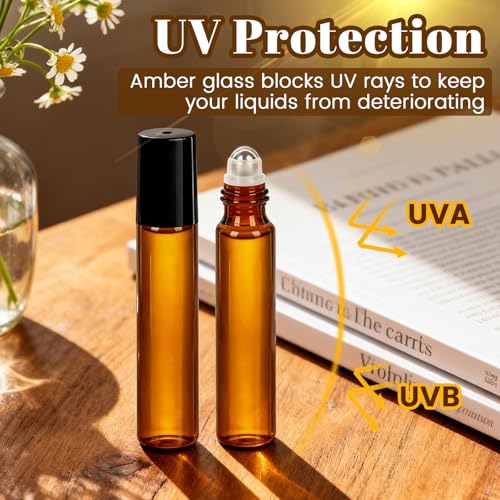 GGOLDMER 54 Pack 10ml Amber Glass Roller Bottles for Essential Oils