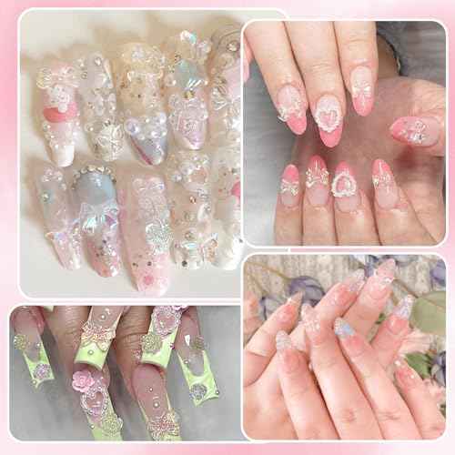 Assorted Nail Charms Kit, 3D Nail Charms and Flatback Pearls Gems Set, Gold Silver Nail Bows, Flower Butterfly Bows 3D Asssorted Nail Charms and Gems, Nail Pearls for Nail Art DIY with Pickup Tools