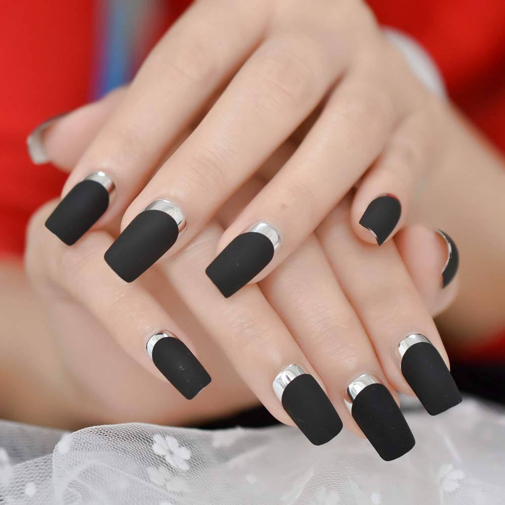 ELEVENAIL Matte Black Silver Metallic French Press on False Nails Medium Length Square Salon DIY Manicure Reusable Fake Acrylic Christmas Nail Art Tips with Jelly Adhesive Tabs Nail File