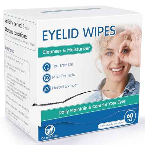 60-Count Eyelid Cleansing Wipes for Dry Eye & Blepharitis, tea tree oil Pre-Moistened Hypoallergenic EyeWipes for Sensitive Itchy Eyes, Individually Wrapped Eyelid Wipes Travel Essentials