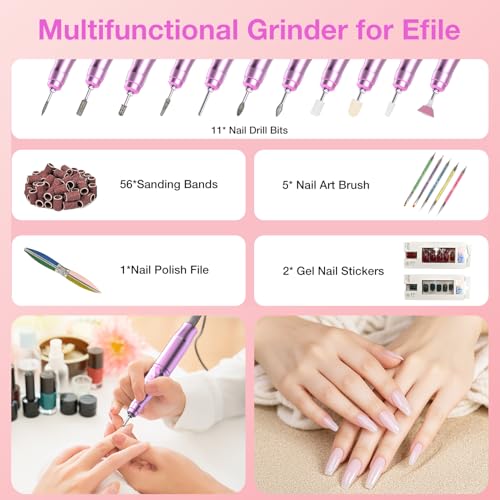 Electric Nail Files, 45000 RPM Professional Nail Drill for Acrylic Nails Gel, Adjustable Speed E File for Nails, Cordless Rechargeable Nail Drill Kit for Manicure Salon Home(Pink,Gift Box)
