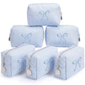 Blue Bow Seersucker Cosmetic Bags Set of 6 - Women's Travel Makeup Pouches