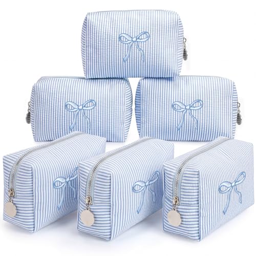 Blue Bow Seersucker Cosmetic Bags Set of 6 - Women's Travel Makeup Pouches