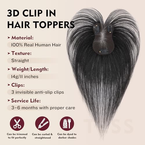 TESS Human Hair Toppers for Women Natural Black 11 Inch Clip-In Air & Side Bangs