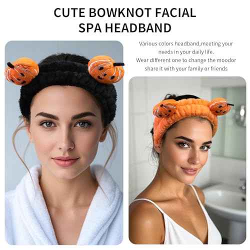 Spa Headband for Washing Face, 2 Pack Cute Halloween Hair Band for Shower Yoga Beauty, Fluffy Makeup Headband, Kawaii Facial Headbands for Woman Girls, Orange+Black Pumpkin