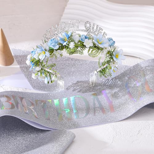 Flower Birthday Queen Crown and Sash Set - Silver Tiara for Celebrations