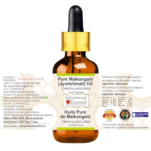 Greenwood Essential Malkangani (Jyotishmati) Oil (Celastrus paniculatus) with Glass Dropper | Cold Pressed | Natural | For Diluting Essential Oils | Skin & Massage | Unisex | 100ml (3.38 oz)