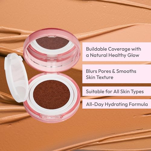 Ruby Kisses Cushion Foundation, Full Coverage Korean Makeup, Lightweight & Long Lasting, All Day Natural Glowy Finish for All Skin Types with Hyaluronic Acid & Bakuchiol (Caramel, 0.52 Ounce)