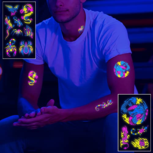 Neon Temporary Tattoos - 61 Glitter Styles, UV Glow, Waterproof